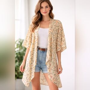 LuLaRoe Kimono Duster Cardigan Geometric Print Cream Boho Open Front Size M New